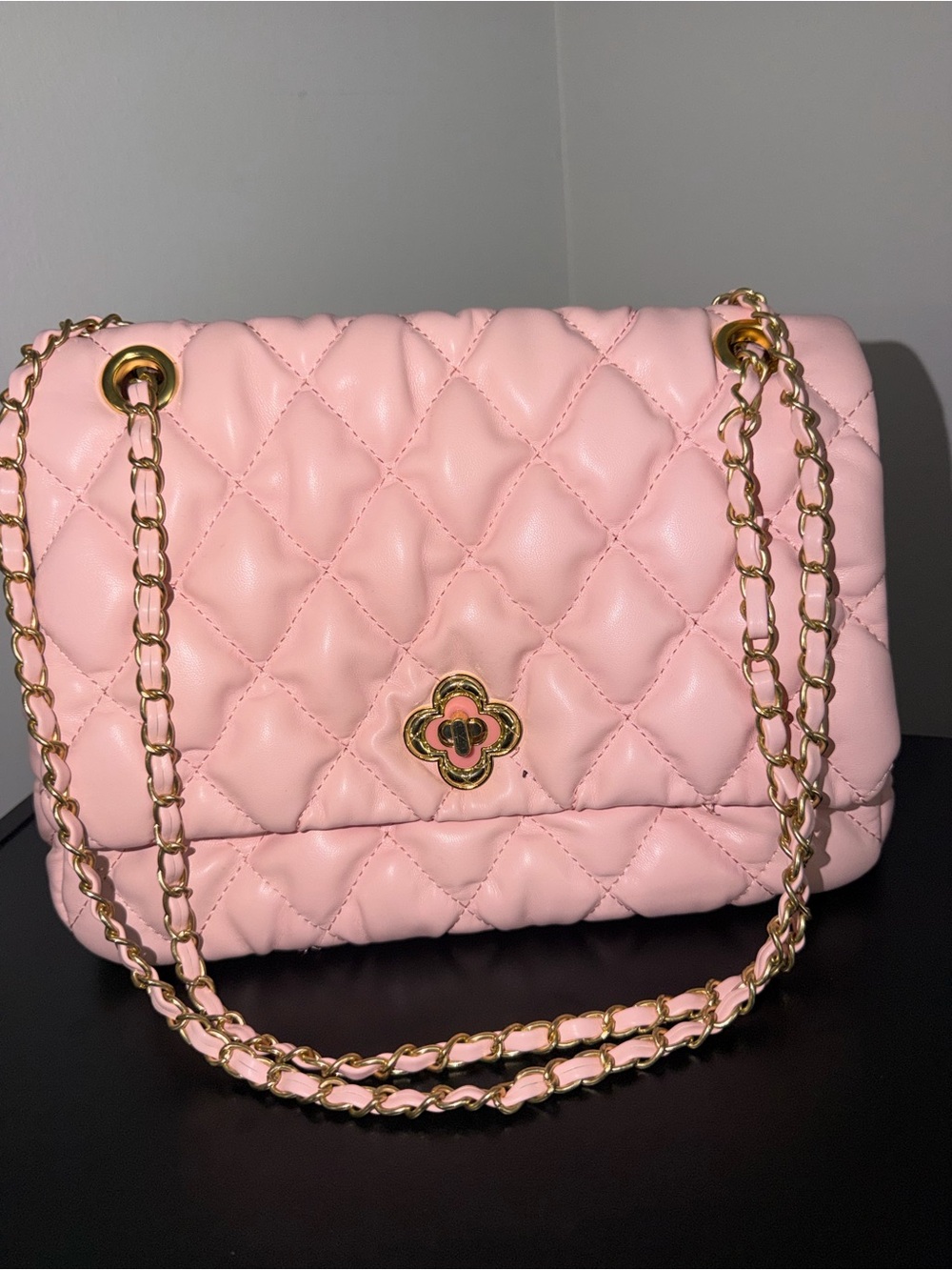 Quilted Pink Shoulder Bag with Gold Chain